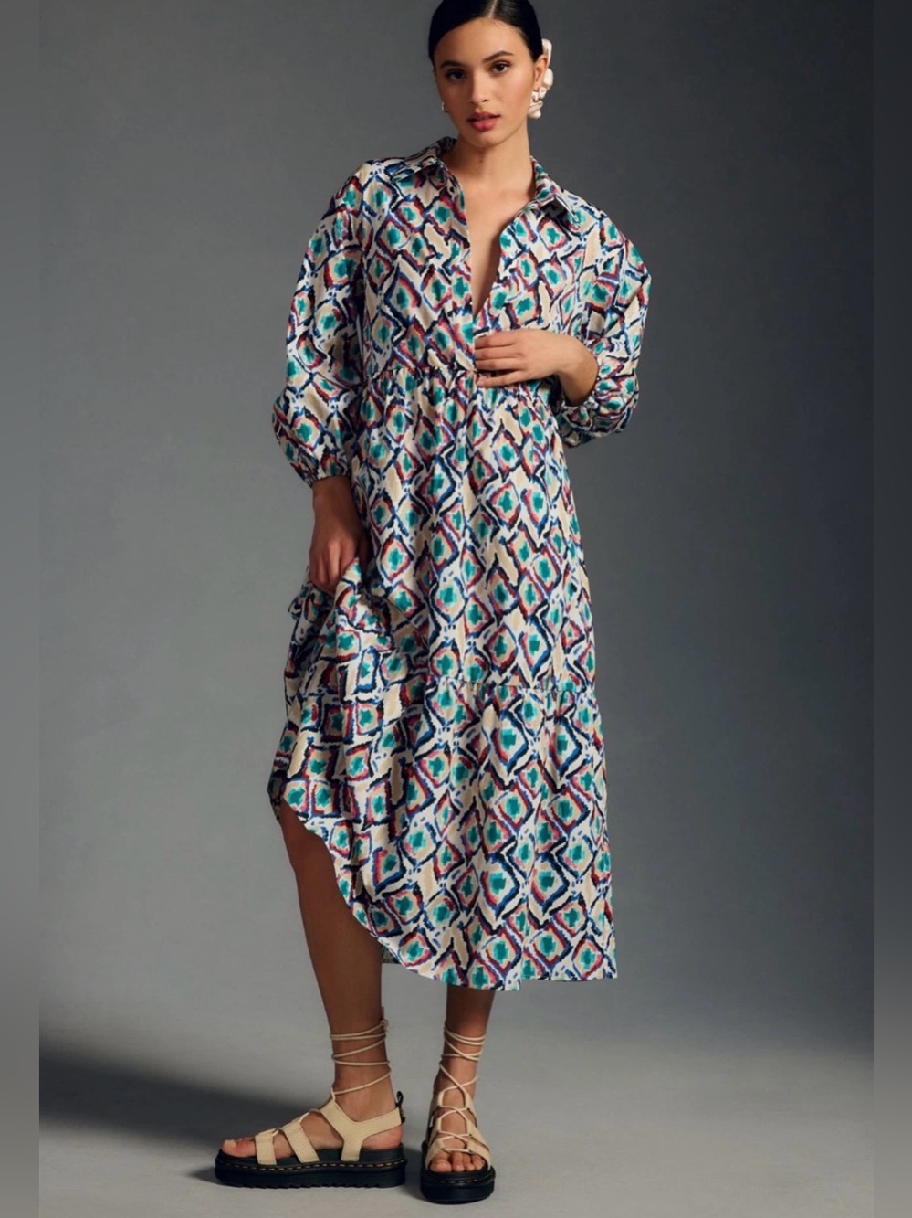 Anthropologie Maeve The Bettina in Beige Multi Tile Tiered Shirt Dress XS